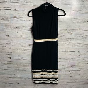 White House black market black dress cream striped midi turtleneck 2 sleeveless